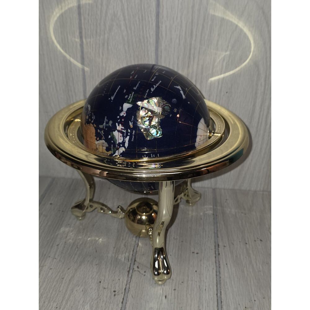 Unique Gem Semi Precious Gemstone World Map Globe Gold Tone Tripod Tabletop